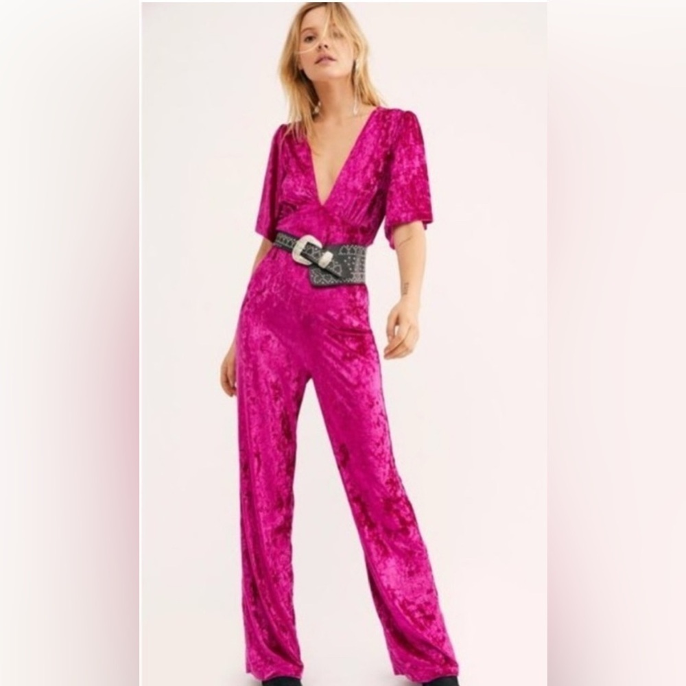 Free People Night Fever Fuchsia Velvet Jumpsuit Size Small